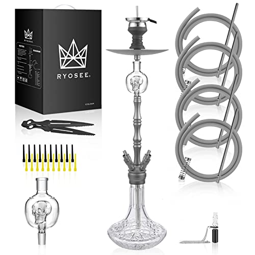RYOSEE 93cm Shisha-Set, 4 Schläuche und Griffe, Alu-Rauchrohr, ausgestattet mit Ölsammler, Glas-Zigarettenspitze, Einweg…