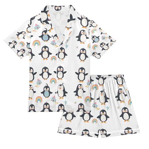 senya Dance Penguins Satin Summer Pajama Sets Silk Short Sleeve Button Down Sleepwear