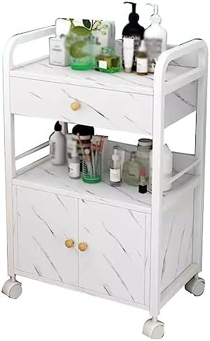 Salon Trolley Cart with Wheels - Beauty Salon Storage Cabinet, Barber Equipment Cart with 1 Drawer & 1 Cupboard, Modern White-Gray Design for Professional Use
