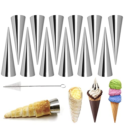 Joyeee 12 Pack Small Cream Horn Molds Stainless Steel, 3.4 Inch Mini Size Cone Shaped Cream Horn Forms with Cleaning Brush, Baking, for Christmas Party, Wedding Desserts, Festive Dinners