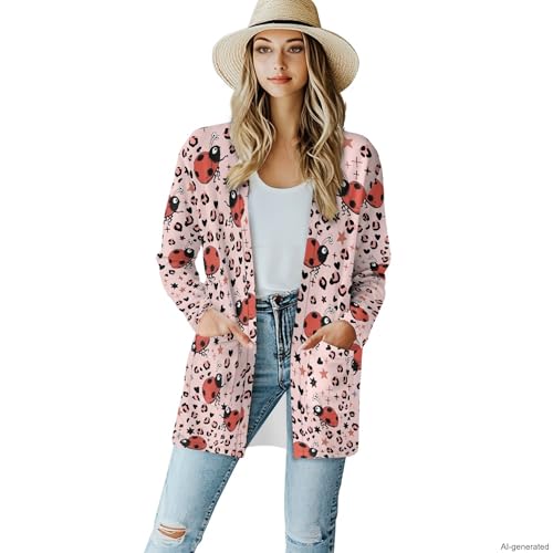 Image of Forchrinse Red Ladybug Cardigan for Women Causal Long Sleeve Open Front Cardigans Sweater Fashion 2024 Fall Coat with Pockets
