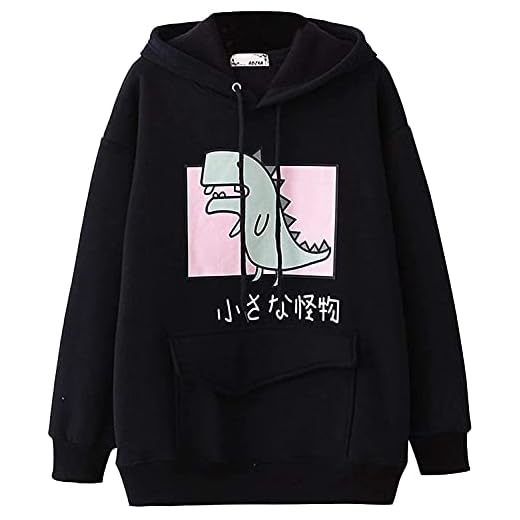 Eogrokerr Söt huvtröja för kvinnor, vinter varm tryckt vardaglig jumper pullover tröja med dragsko nyhet tecknad liten dinosaurie tryck hoodie, 002 svart, L