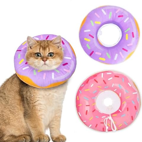 2 Pack (Purple M & Pink M) Cat Cone Collar Soft, Cat Recovery Collar for Wound Healing Cute Cat Donut Adjustable Cat Cones to Stop Licking Comfortable Lightweight Neck Elizabethan Collars for Cats Cover