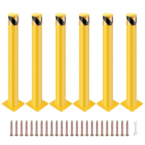 Safety Bollard ExploreHorizon 6 Packs 48 Inch Height Bollard Post 4.5 Inch Diameter Yellow Safety Steel Bollard Post with 24 Anchor Bolts for Traffic Control Driveway Barrier Parking Pole