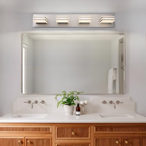 Image of 4-Light LED Brushed Nickel Vanity Lights for Bathroom Light Fixtures Adjust 3 Colors Modern Bath Lighing Over Mirror LED Vanity Light 27inch