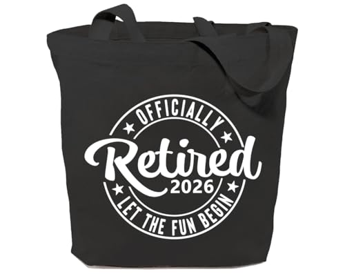 GXVUIS Canvas Tote Bag for Women Reusable Shoulder Shopping Bags Funny Retirement Gift Officially Retired Let The Fun Begin Black