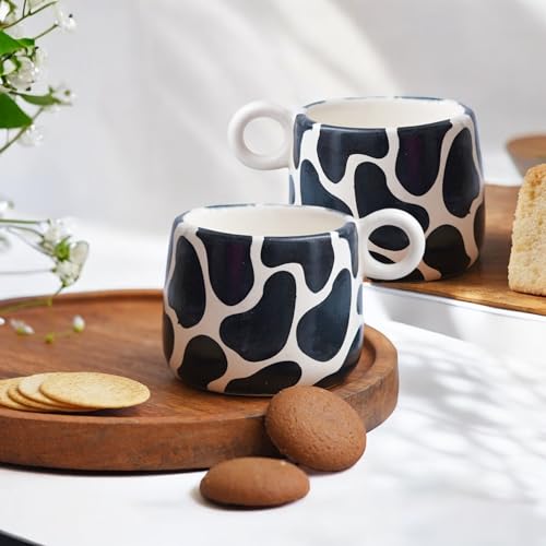 Image of Ceramic Coffee Mug Set of 2 | Unique Black & White Cow Print Design | Modern Stoneware Tea & Milk Cups with Round Loop Handle | Microwave & Dishwasher Safe Mugs | Black & White