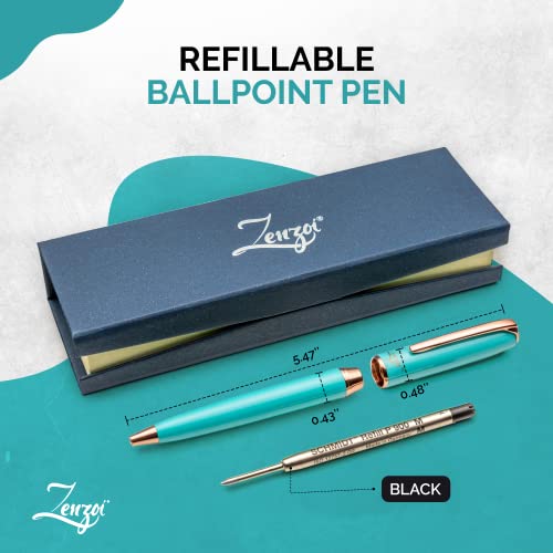 Zenzoi Turquoise Luxury Ballpoint Pen – Fancy Pen For Women W/Rose Gold Trim, Nice Gift Box & Schmidt Ball Point Ink Refills. Retractable, Executive Writing Pens For Journaling, Note Taking, Office #TOP2