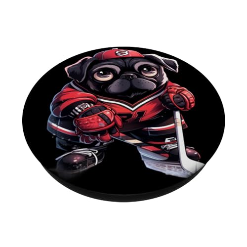 Pug Ice Hockey Player Dog Hockey Stick Goalie PopSockets Swappable PopGrip, Black - Image 2