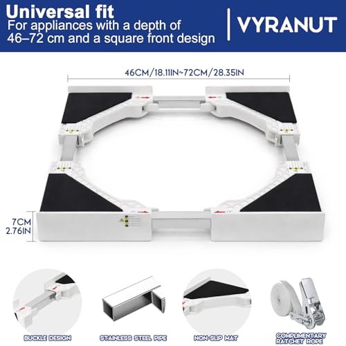 Waschmaschine Trockner Zwischenbaurahmen 46–72 cm + Waschmaschinenuntergestell 43–60 cm mit Rollen, 8 Standfüße, 4 Doppelbremsrollen, Anti-Vibration, inkl. 6 m Ratschengurt – Stapelset platzsparend