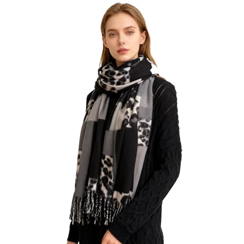 ZCJ Schal Damen Warm Herbst Winter Leopardenmuster - Kaschmir Gefühl Leo Halstuch mit Fransen, Winterschal für Damen als Premium Tuch & Animal Print Schals und Tücher für...