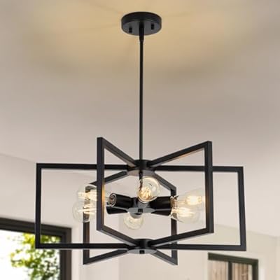 23.6” Black Chandelier for Dining Room 6 Light Kitchen Chandelier over Table Farmhouse Dining Room Light Fixtures Over Table,Hanging Pendant Light Fixture with Adjustable Height for Entryway,Foyer