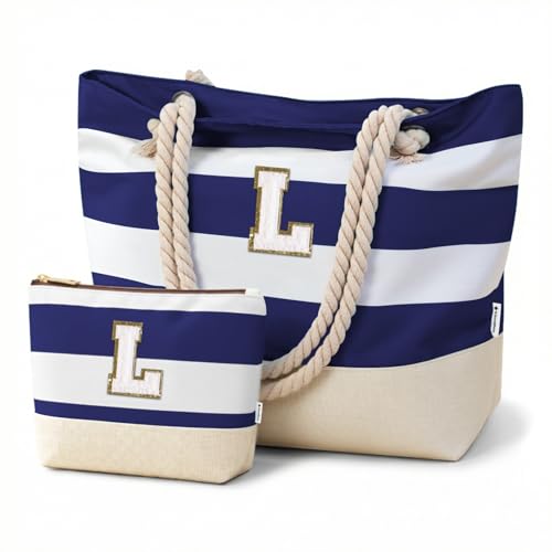 Image of Vavabox Initial Beach Tote Bag for Women, Water-resistant Travel Beach Bag Pool Bag Set, Birthday Gifts for Women Mom
