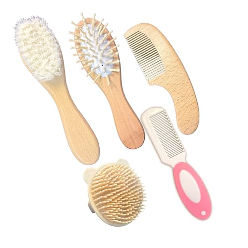 COLAYERIST 5PCS Baby Brush and Comb Set, Baby Hair Brush with Soft Goat Bristles, Cradle Cap Brush for Cradle Cap Care, Baby Care Essentials for Newborns, Toddlers, Girls and Boys