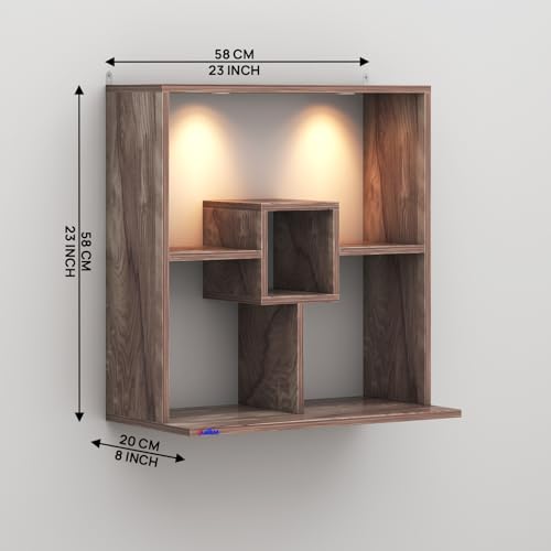 Image of Anikaa Shelly LED Light Wall Mounted Hanging Puja Temple Shelf Stylish Engineered Wood God Stand for Pooja Room Mandir Stand for Temple (Coachwood) D.I.Y