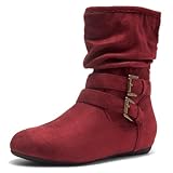 Herstyle Slouch Flat Ankle Booties for Women – Short Boots with Buckle, Low Heel Side Zipper Fashion Booties for Fall Winter Walking, Burgundy, Size 5.0, Lindell