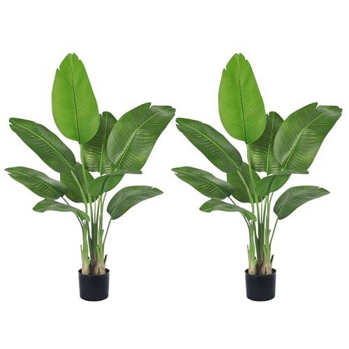 2 Pack Birds of Paradise Plant Artificial, 4FT Fake Plants Faux Banana Leaf Tree with 9 Banana Leaves, Lifelike Tall Fake Tropical Indoor Silk Floor Plant in Black Pot for House,Office,Room,Home Decor