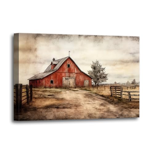 LURENCZH Barn Canvas Wall Art Old Red Farmhouse Picture Prints