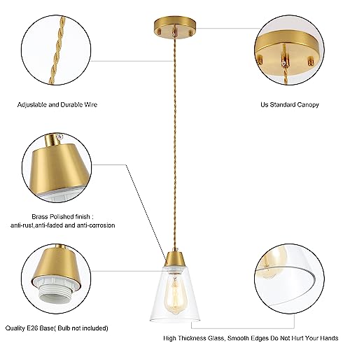 Image of MWZ Gold Pendant Light 3 Pack,Brass Pendant Lights Kitchen Island, Dining Room Lamp Fixtures Over Table with Clear Glass Shade, Modern Mini Chandeliers,Adjustable Cord Hanging Lighting for Sink