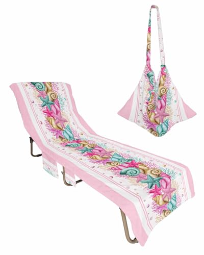 Pink Coastal Beach Lounge Chair Towel Cover, Soft Chaise Lounge Towel with Side Pockets Patio Pool Chairs Cover for Beach/Pool Sunbathing 29x85 Nautical Starfish Coral Shell Beach Ocean