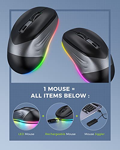 PEIOUS Wireless Mouse, Jiggler Mouse for Laptop - LED Mouse Rechargeable Computer Mice Mouse Mover Undetectable Random Movement with On/Off Button Keeps Computer Awake - Black&Grey - Image 3