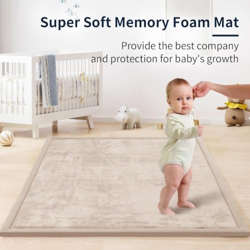 Image of ACOMOPACK 1.3 inch Thick Baby Play Mat for Floor,50x50 Elasti-Foam Playpen Mat for Kids,Infants,Toddlers, Ultra Soft Crawling Mat with Non-Slip Bottom,Tummy Time,Nursery Rug,Yoga,Tatami(Beige)
