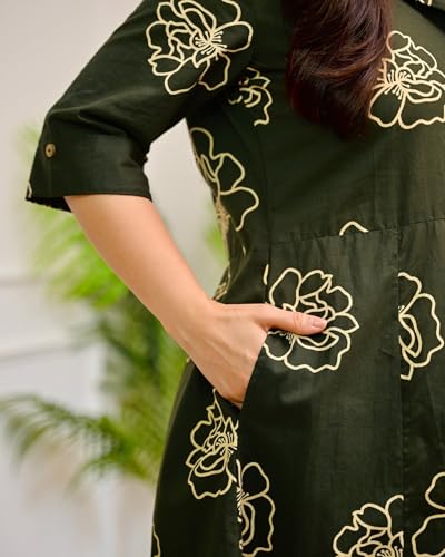 Image of Women's Floral Print Midi Dress, Rayon, A-Line Fit and Flare, Shirt Collar, Half Sleeves, Casual Wear