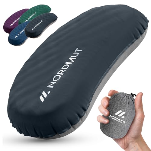 NORDMUT® Almohada de Camping Inflable [SoftSleep+] Almohada cómoda Ultraligera-pequeño tamaño – Inflable con Funda Lavable (Negro)