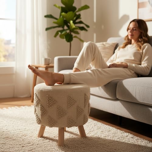 Image of APRODZ Printed Ottoman Stool Upholstered Foam Cushioned Pouffes for Living Room | Puffy Muddha Stool for Footrest & Sitting, Velvet Pouf Stool, Furniture for Home Decor, Office Set of 2(Cream)