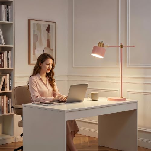Image of OYEARS 22.2 inch Modern Desk Lamp, Metal Table Lamp with LED Bulb, Adjustable Reading Lamps for Living Room, Mid Century Task Lamp for Home Office, Industrial Bedside Lamps with Solid Base, Pink