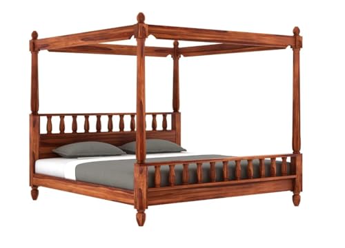 Image of Sheesham Wood Queen Size Poster Bed Wooden Double Bed Cot Bed Furniture for Bedroom Home and Hotel (Honey Finish- Queen Size)