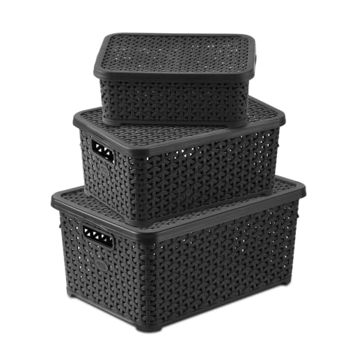 Image of Jaypee Plus Keep all 3 Plastic Storage Basket Organizers With Lid For Kitchen,Fridge, Office Wardrobe, Stationery, Household, Toys & Multipurpose use Pack of 3 Durable Box, Black