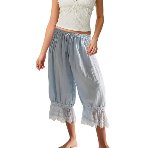 Image of KOSUSANILL Women Long Bloomer Pants Lace Trim Ruffle Pantaloons Cropped Lounge Pajama Bottoms Y2K Capri Pettipants