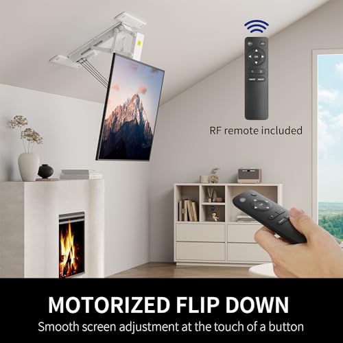 Image of VIVO White Electric Ceiling TV Mount for 40 to 85 in Screens, MOUNT-E-FD85W | Large Motorized Flip Down TV Mount, Pitched Roof VESA Mount, Heavy Duty Steel Design, Low Profile, Master Pack, Holds 110 lbs