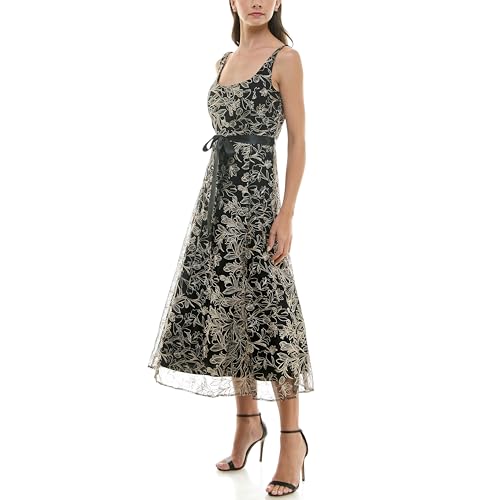 Image of Maison Tara Women's Sleeveless Scoop Neck Embroidered Mesh Party Midi Dress