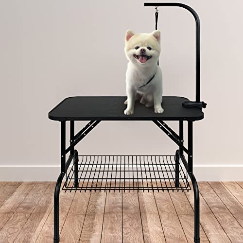 QEENTOE Hundefriseur Tisch Klappbar, Höhenverstellbar - Professioneller Trimmtisch mit Sicherheitsarm&Stauraum - Für Tierpflegesalon & Heimgebrauch, Schwarz-80.5x46x76cm