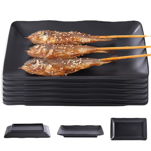 GOEDCH Lot de 6 plateaux de service rectangulaires noirs mats pour entrées, assiettes rectangulaires, 20 x 12 cm, boîte à couverts pour barbecue, assiettes...
