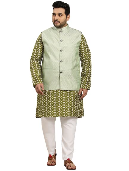 Image of sojanya Men's Silk Blend Regular Fit (Since 1958) Dark Embroidered Kurta & Self Design Nehru Jacket With Churidar Set