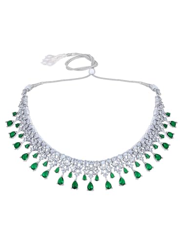 Image of ASMITTA Jewellery Silver American Diamond Necklace Set with Maang Tikka | Traditional Rhodium-Plated CZ Jewellery Sets for Women | Perfect for Bridal Weddings, Festivals & Special Occasions