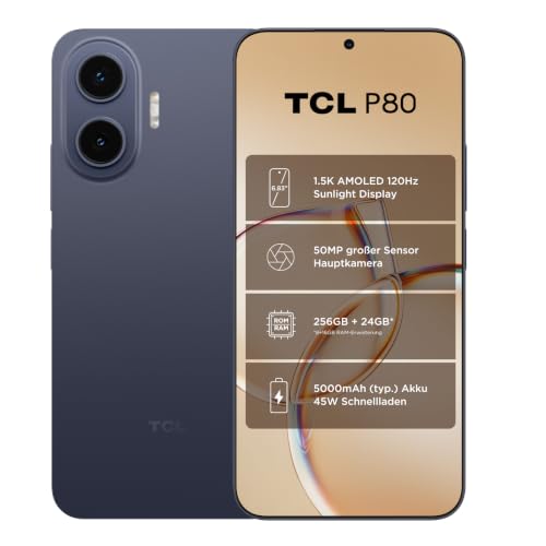 TCL P80 5G Smartphone Schlankes Design 6,83" AMOLED 50MP OIS 256GB Mitternachtsblau Schlankes Design, 50MP OIS-Kamera, 1.5K AMOLED-Display, 24GB RAM, 5000mAh Akku (typ.), 45W Laden, Google Gemini