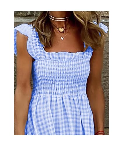 Image of SOMTHRON Women's Square Neck Plaid Smocked Dress Ruffle Sleeveless Tiered Flowy A-Line Checkered Maxi Long Dress