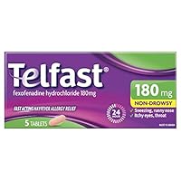 Telfast Hayfever Allergy Relief 180mg - Non-drowsy - For sneezing, runny nose, itchy skin rash, and hives, 5 Tablets