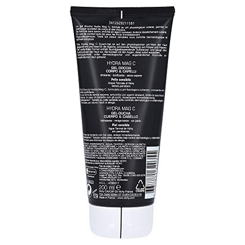 Vichy Homme Hydra Mag C Duschgel Körper und Haare, Belebendes Männer-Duschgel mit Magnesium und Vitamin C, Reinigend, belebend und feuchtigkeitsspendend, Bei empfindlicher Haut, 200 ml