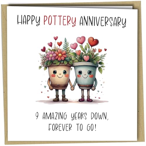 Oscar Finks 9th Anniversary Card Unique Design Happy Pottery Anniversary 9 Years down Forever to Go #1733