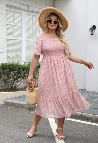 Image of Keluummi Plus Size Wedding Guest Maxi Dresses for Curvy Women, Summer Casual Boho Floral Smocked Empire Waist A Line Sundress
