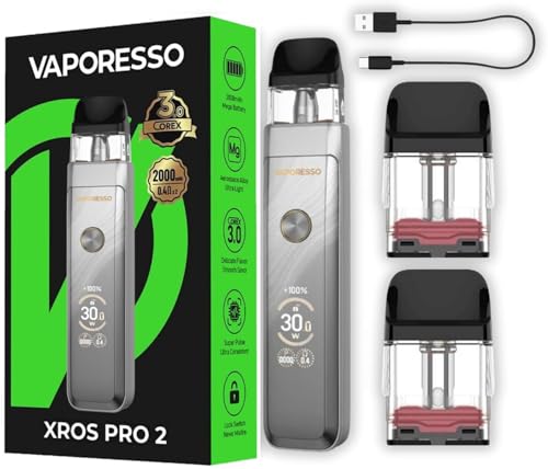 Vaporesso XROS Pro 2 pod kit Top Filling 3ml XROS Pod 0.4ohm Mesh Pod Cartridge 30W Vape 2000mAh Battery Button Activation/Auto Draw Cigarette Vaporizer No Nicotine (Plata brillante)