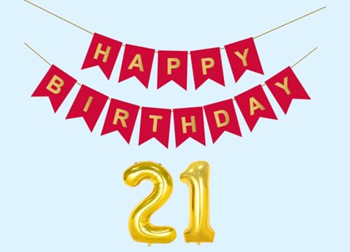 Image of Mystic Toy Store 21st Happy Birthday Decoration Kit Red for 21 year Old Boys Girls Men with Number Twenty-one Party Decorations Decor Celebration Items Item Set Combo Reusable Paper Banner