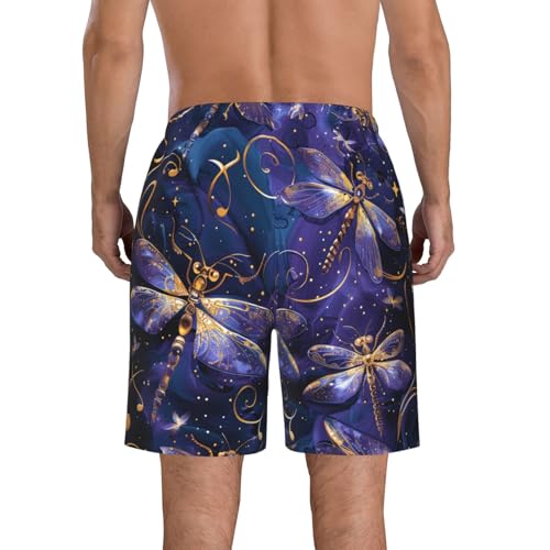 Men's Quick Dry Swim Shorts Dragonfly Glittery Swirls Stars Purple and Gold Beach Trunks with Pockets2