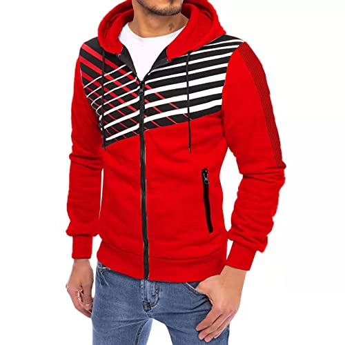Oanviso Sweat à Capuche Homme Manches Longues avec Poche Zippée Imprimé épissage Sweatshirt Veste pour Homme Sport Sweat à Capuche Zippé Léger Décontracté Moderne Mode Sweatshirt A Rouge 3XL Cover