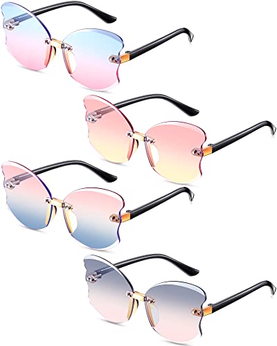 Coume 4 Pairs Kid Toddler Girls Sunglasses Rimless Butterfly Shaped Pink Trendy Cute Fairy Transparent Vintage 90s Sunglasses Outdoor Beach Eyewear